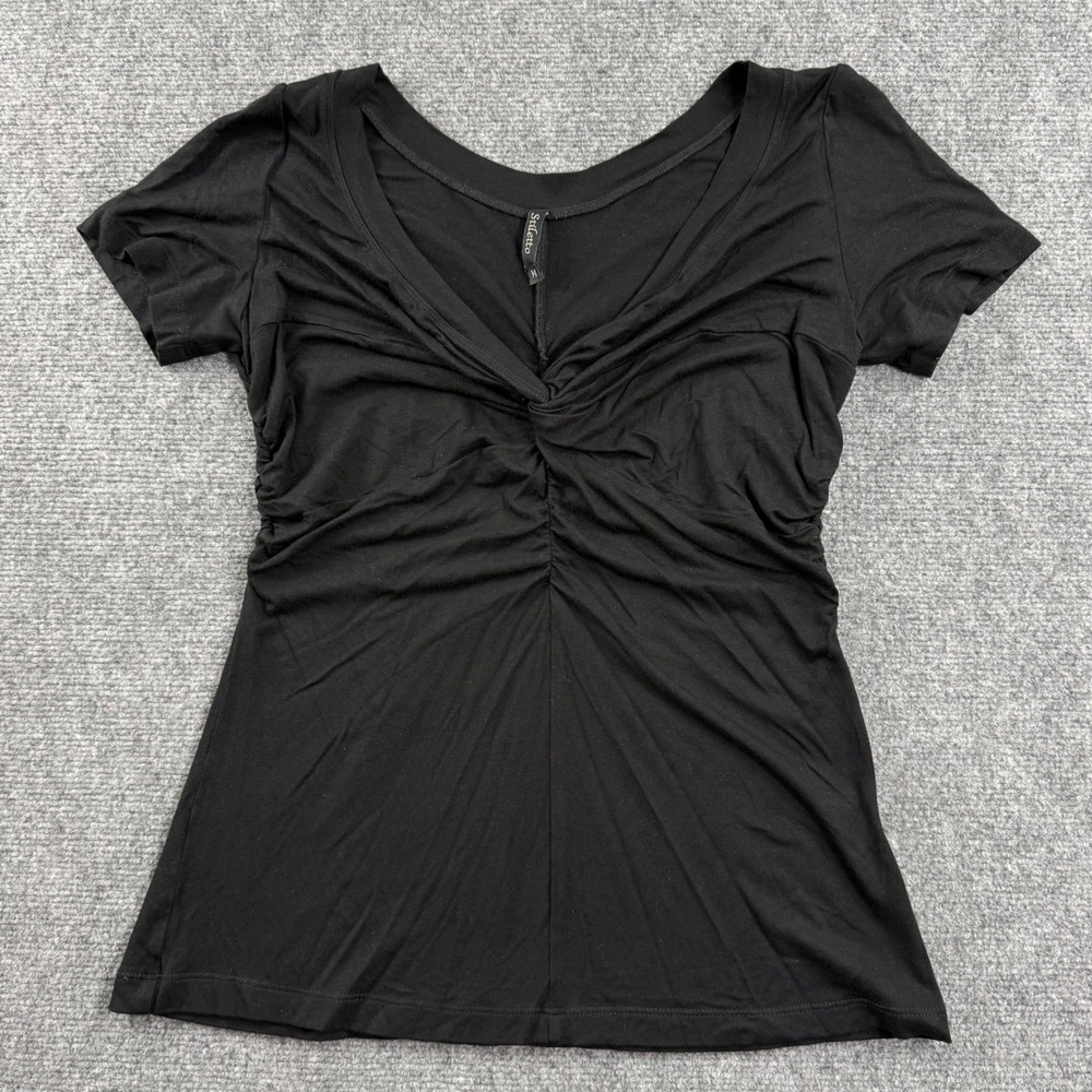 Stiletto Ruched Top Size Medium Black Twist Front V-Neck Short Sleeve Women's
